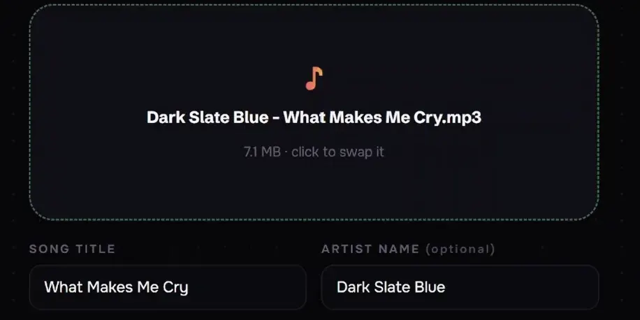The upload screen with a song staged and its title and artist filled in